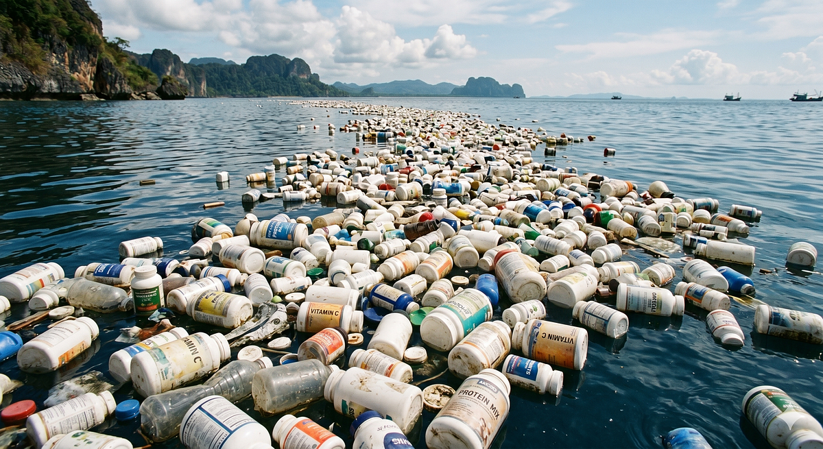 Plastic bottles floating in the ocean, contributing to pollution and microplastic contamination
