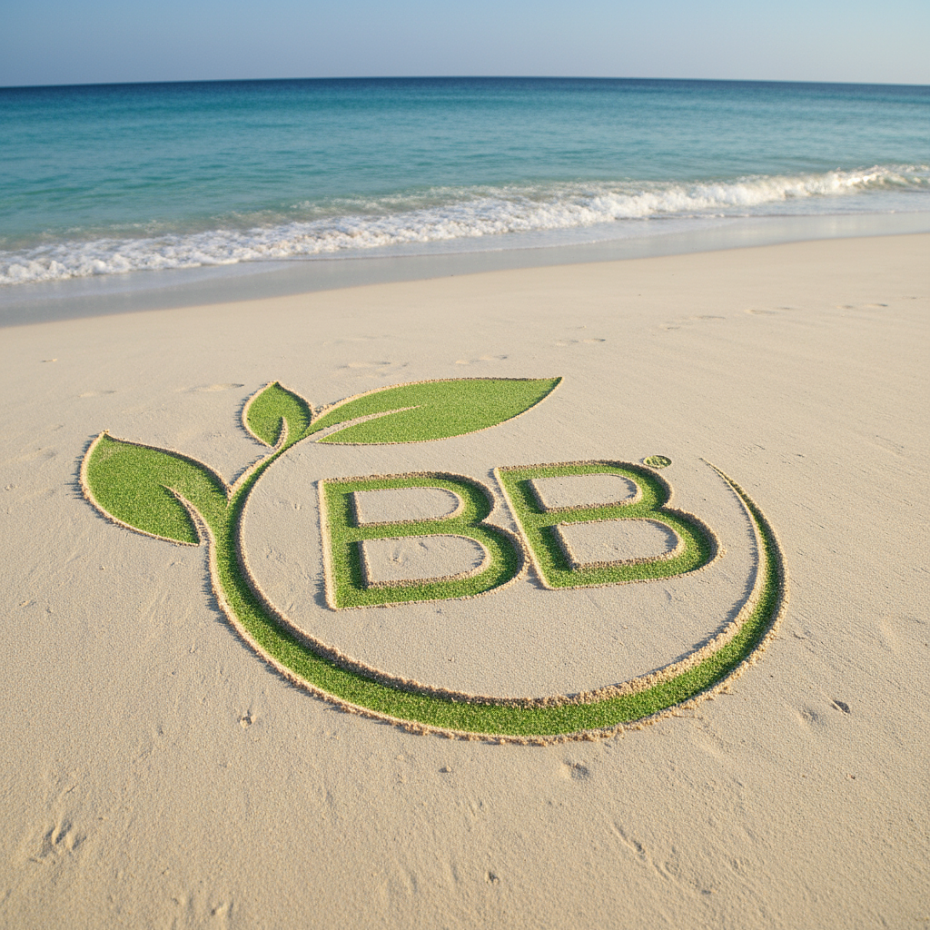 BioBottles® logo on a clean beach, representing environmental responsibility